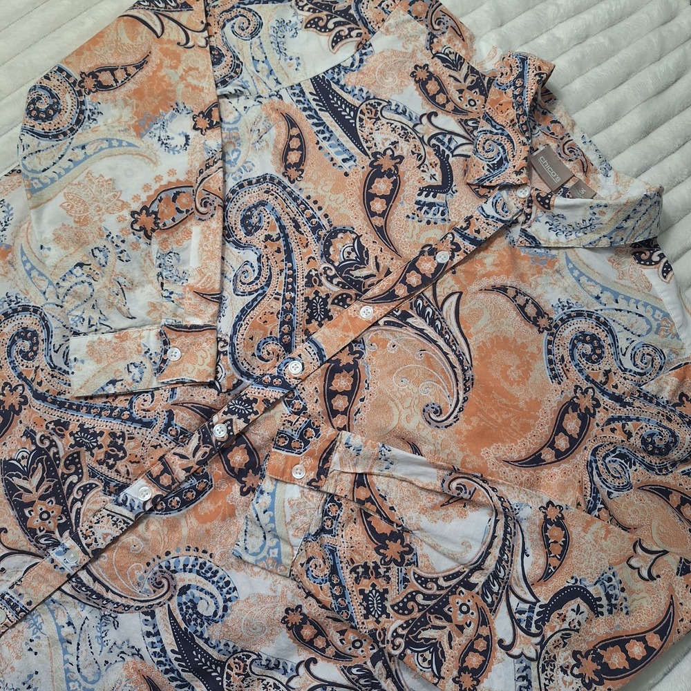 Chico's 100% Cotton Button Up Blouse Womens 3 (US XL) Paisley Boho Artsy